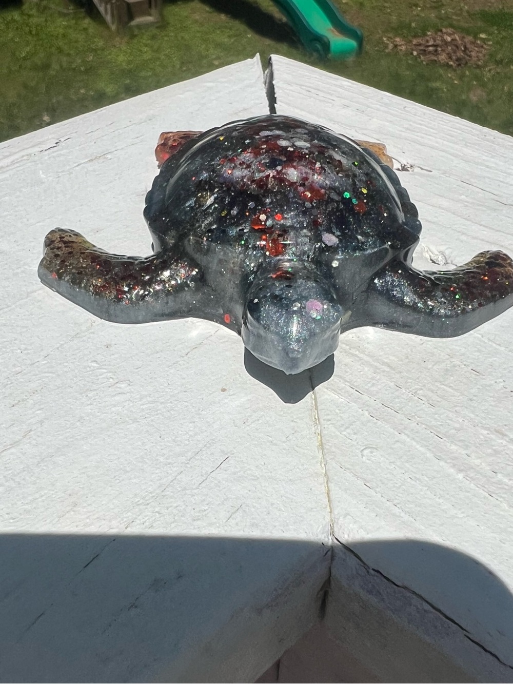 Handcrafted Resin Turtle Figurine in Black with Multicolor Glitter